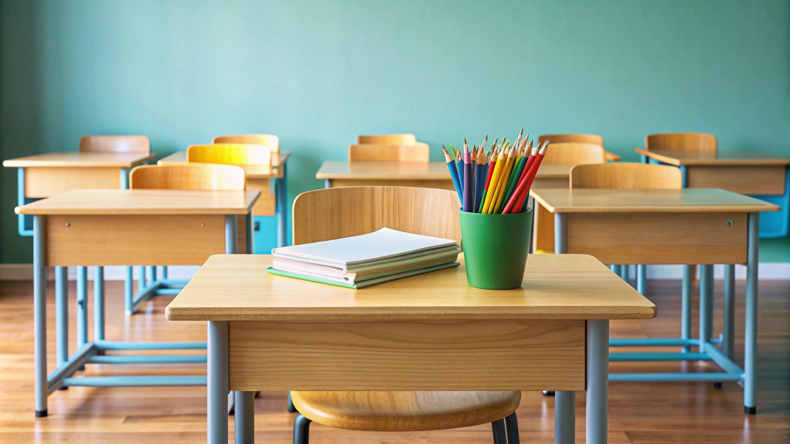 Empty classroom desk with books and pencils.